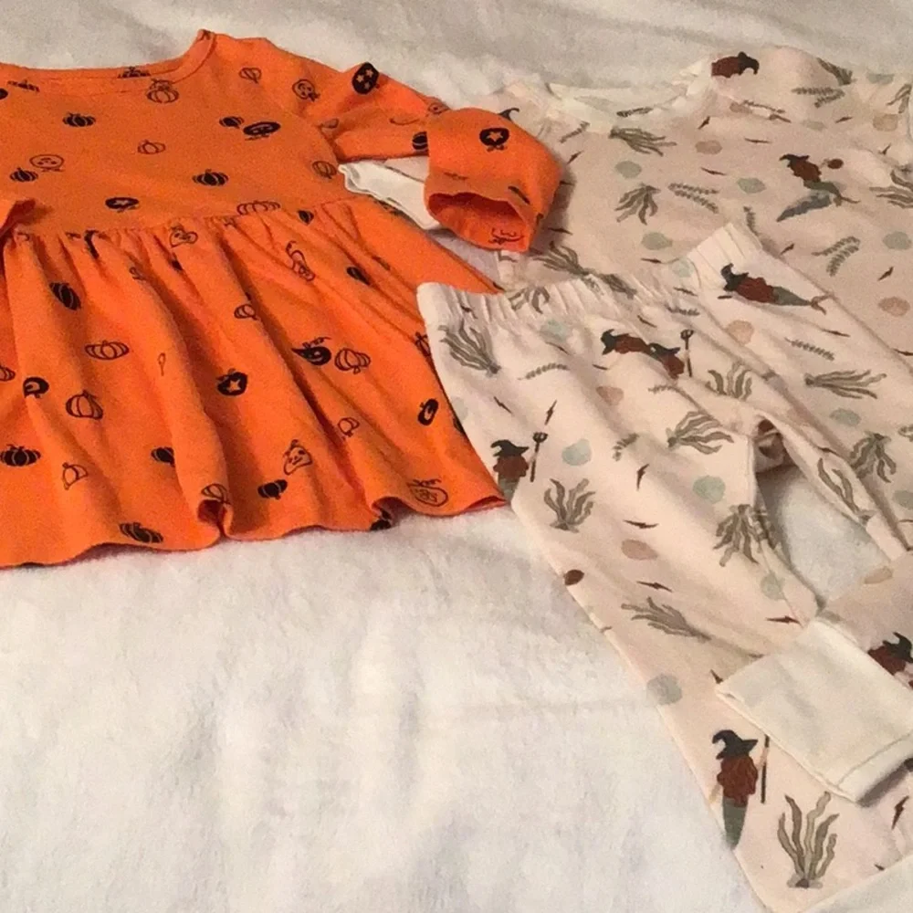 Orange pumpkin print girls dress in a neutral mermaid PJ set
